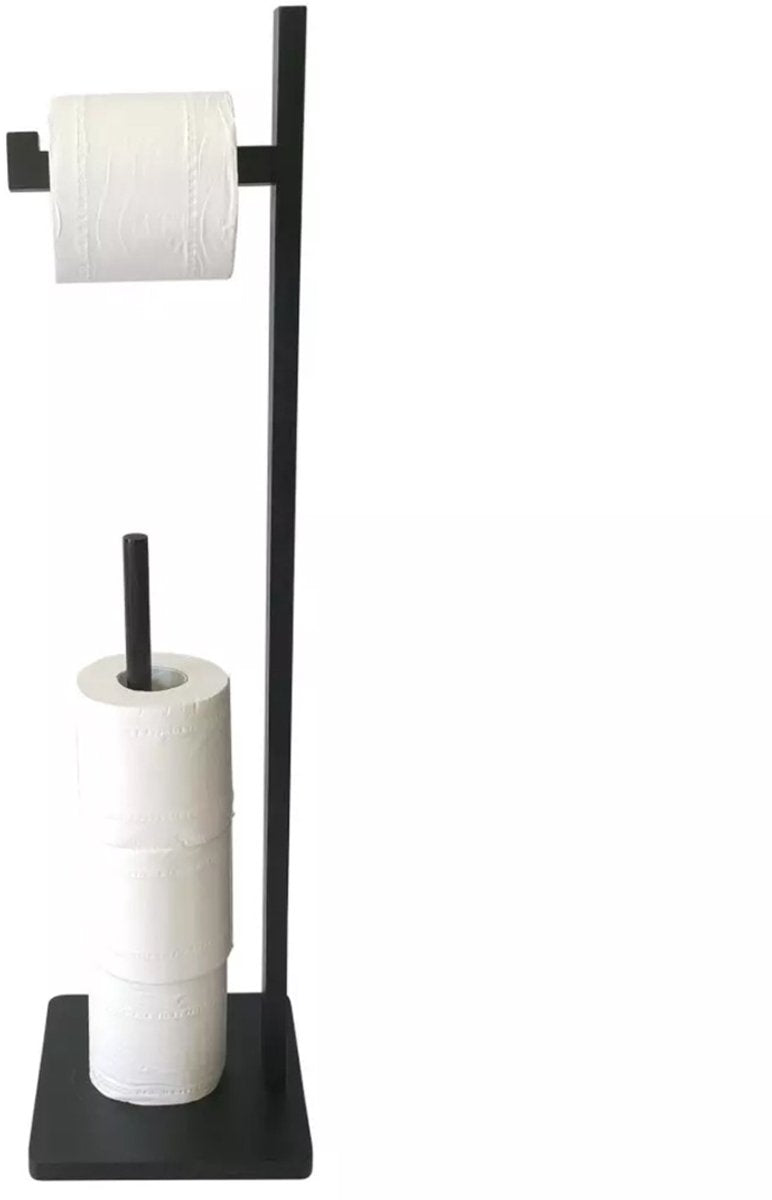 KINGHOFF - Toiletrolhouder Vrijstaand - WC Rolhouder Staand voor 5 Rollen - Toiletpapier Houder Modern - Badkamer Organizer - Bamboe - ca. 19 x 19 x 71 cm - Zwart
