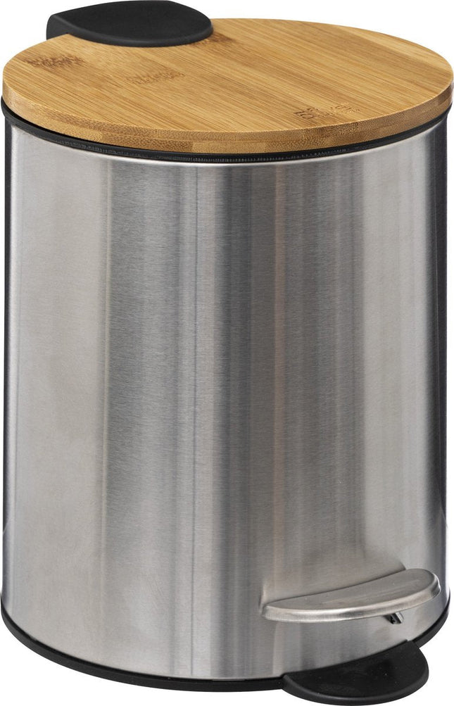 5Five Poubelle à pédale - argent/bambou - métal - 3L - 23 cm - fermeture douce - pour salle de bain et toilettes