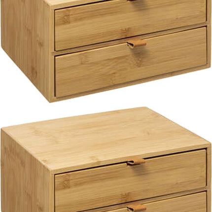 5Five Mini-commode/organisateur de bureau 2 tiroirs - 2x - bois de bambou - L25 x l14 x H20 cm - marron clair