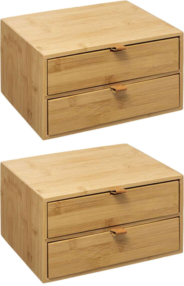 5Five Mini-commode/organisateur de bureau 2 tiroirs - 2x - bois de bambou - L25 x l14 x H20 cm - marron clair
