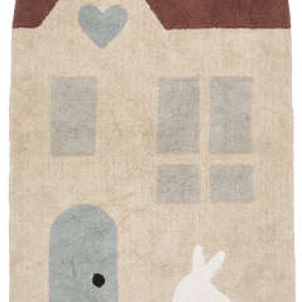 Stijlvol tapijt kleed kinderkamer - rustig klein zacht speelkleed pastel - huis deur raampjes hartje konijn franjes - 100x150 cm - kerst cadeau tip
