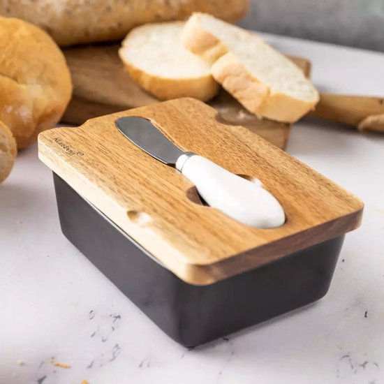 Klausberg Ceramic Butter Dish - Black with Acacia Wood Lid and Stainless Steel Butter Knife - Freshness Guarantee for Butter and Cheese