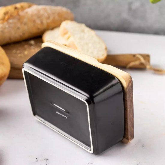Klausberg Ceramic Butter Dish - Black with Acacia Wood Lid and Stainless Steel Butter Knife - Freshness Guarantee for Butter and Cheese