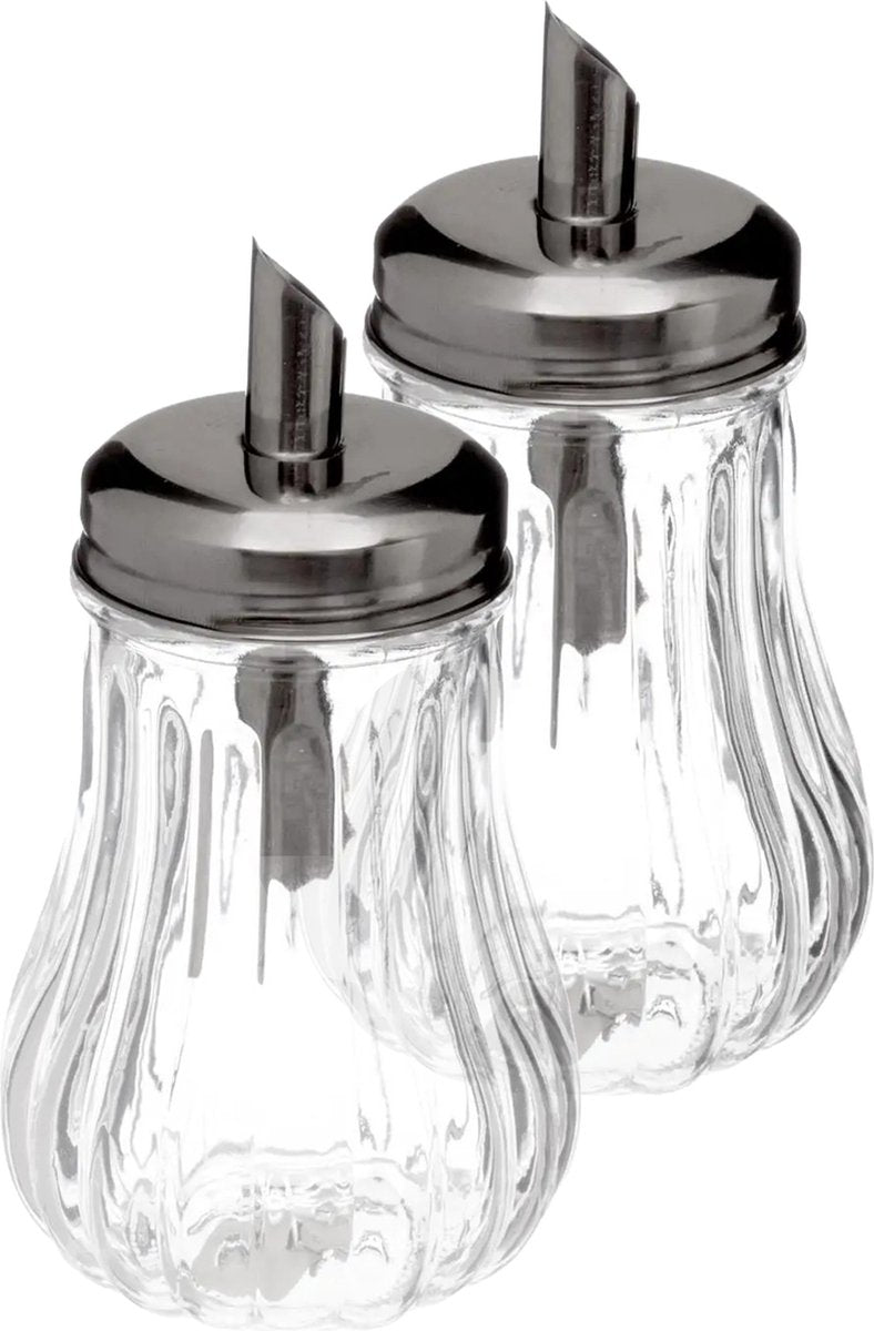 5Five – 2x Stück – Zuckerdose/Zuckerstreuer Glas mit Edelstahl-Ausgießer – 180 ml