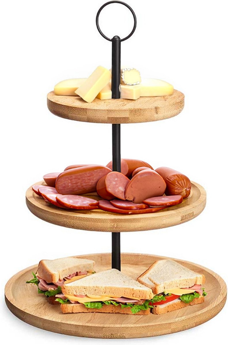 Kinvara Design Serveerplank 3 laags - D25 cm - bamboe/metaal - kaasplankje - etagiere - tapas plateau - dienblad