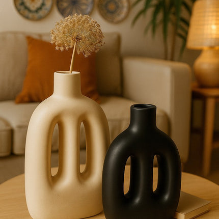 Atmosphera | Vase – Lot de 2 – Noir et Beige – Céramique – Design Moderne – 11x6x20 cm