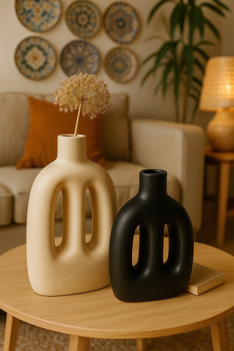 Atmosphera | Vase – Set of 2 – Black and Beige – Ceramic – Modern Design – 11x6x20 cm