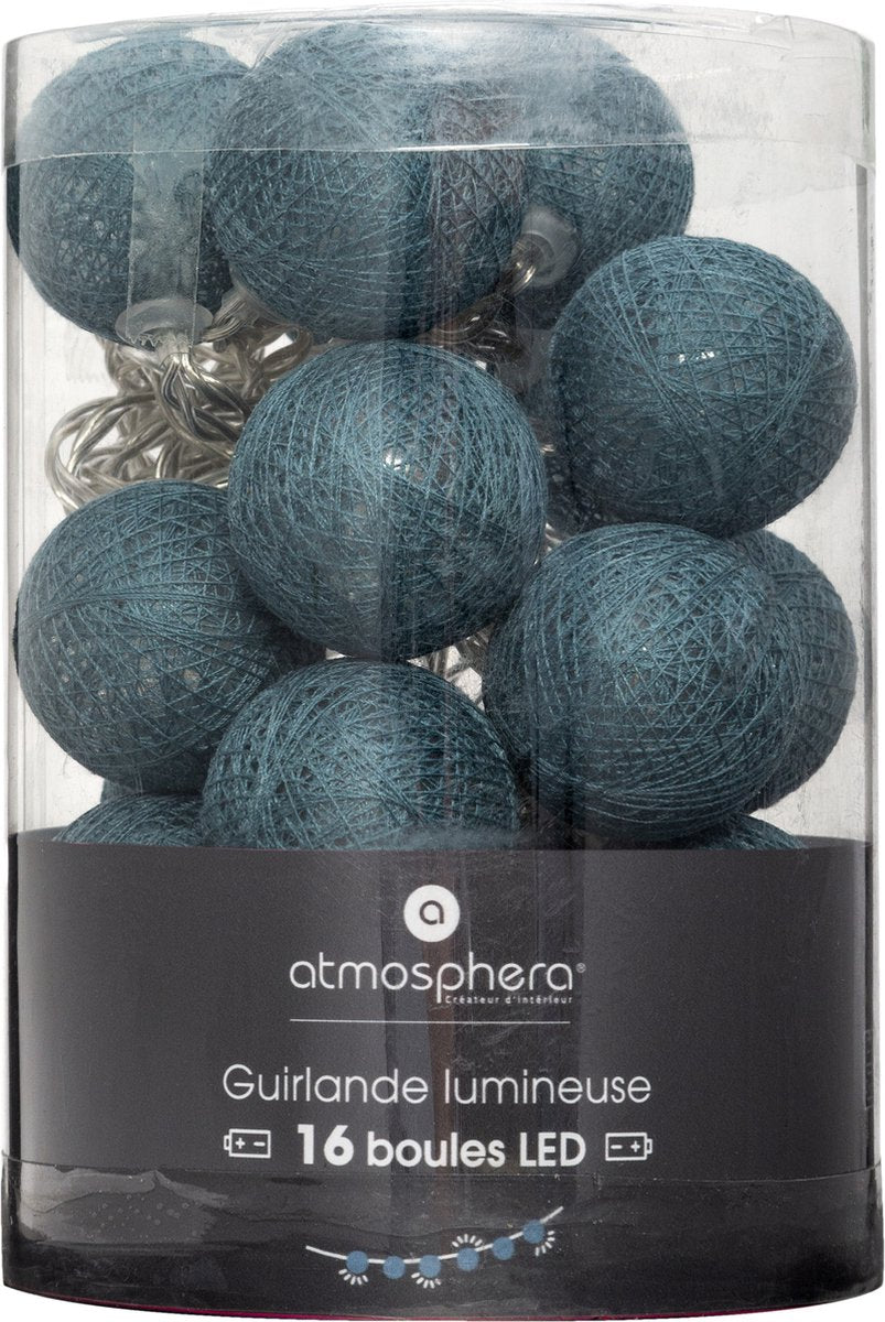 Atmosphera Lichtslinger - 16 verlichte balletjes/bollen 35 mm - blauw - 255 cm - batterijen