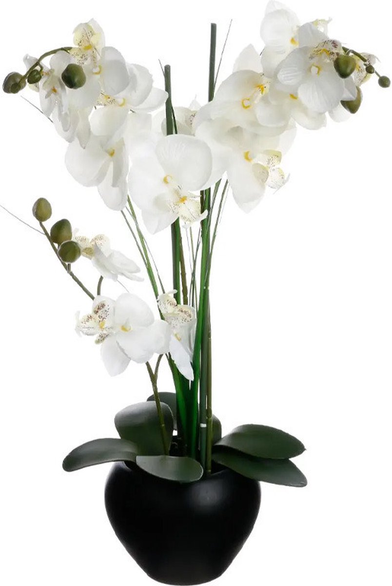 Atmosphera Orchid artificial flower plant in black flowerpot - white flowers - H53 cm