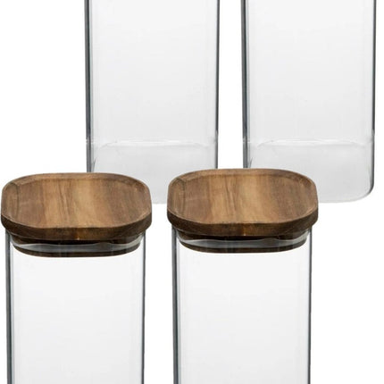 5Five Pot de conservation alimentaire - 4x - verre avec couvercle en bois d'acacia - 1600 ml - avec couvercle hermétique