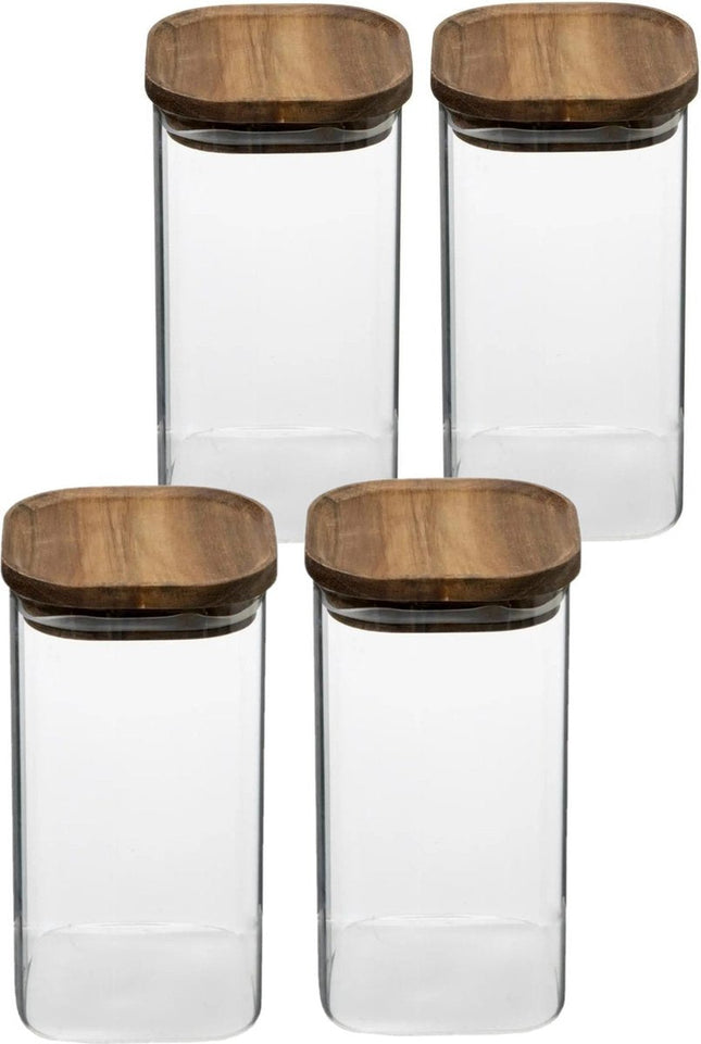 5Five Pot de conservation alimentaire - 4x - verre avec couvercle en bois d'acacia - 1600 ml - avec couvercle hermétique