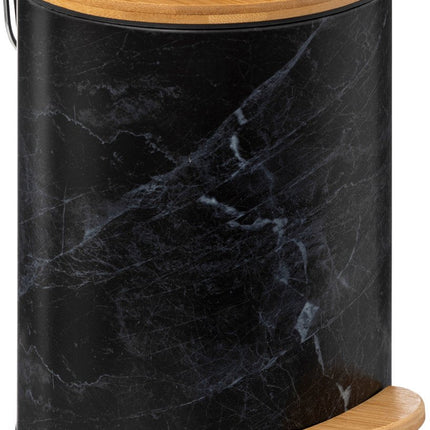 5Five Poubelle/poubelle à pédale aspect marbre - noir - 3 litres - métal/bambou - 17 x 25 cm - soft close