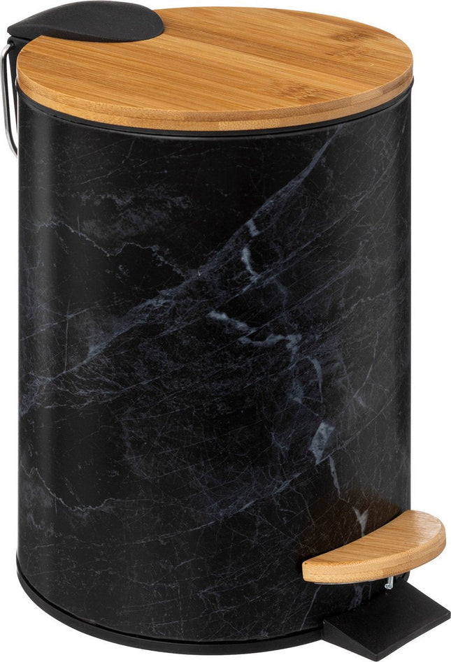 5Five Poubelle/poubelle à pédale aspect marbre - noir - 3 litres - métal/bambou - 17 x 25 cm - soft close