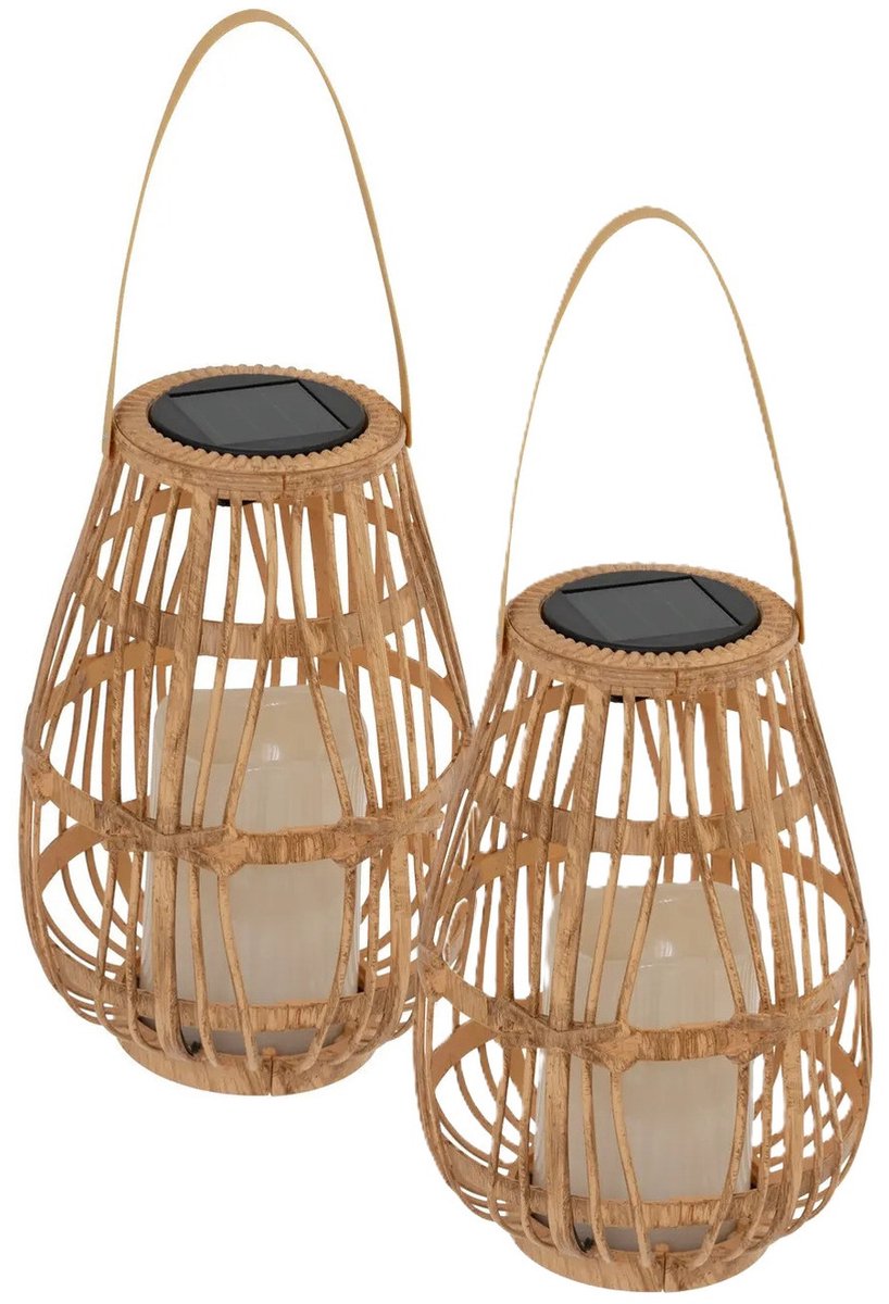 Atmosphera Solar tuin lantaarn - 2x - naturel - rotan kunststof - 16 x 23 cm - buiten - Led kaars licht