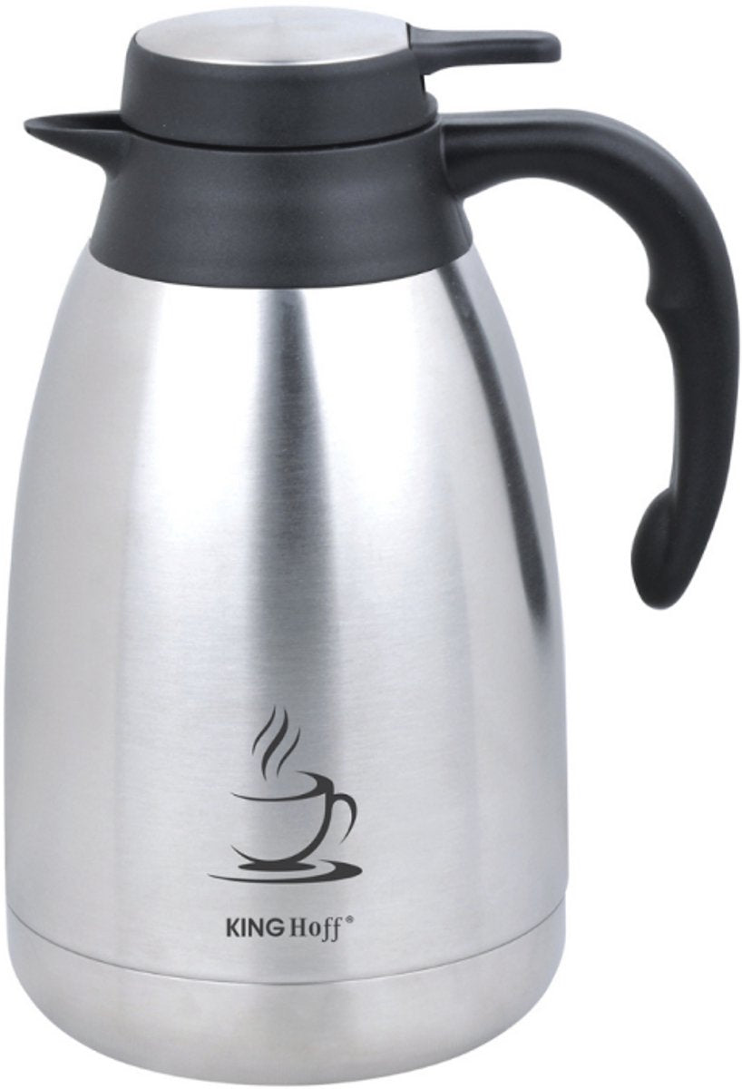 KINGHOFF Isolierkanne - Edelstahl Thermoskanne 2 Liter - Doppelwandig - Schwarzer Griff - KH-1994 - Thermoskanne - Teekanne
