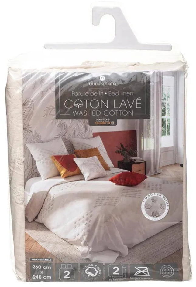 Parure de lit ATMOSPHERA pour 2 personnes 260 x 240 cm housse de couette avec 2 taies d'oreiller en coton lavé tufté et ivoire