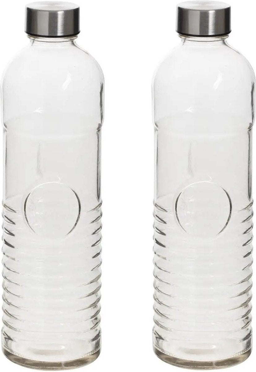 5Five glazen waterfles 1 liter, set van 2 – ribbelglas met RVS schroefdeksel