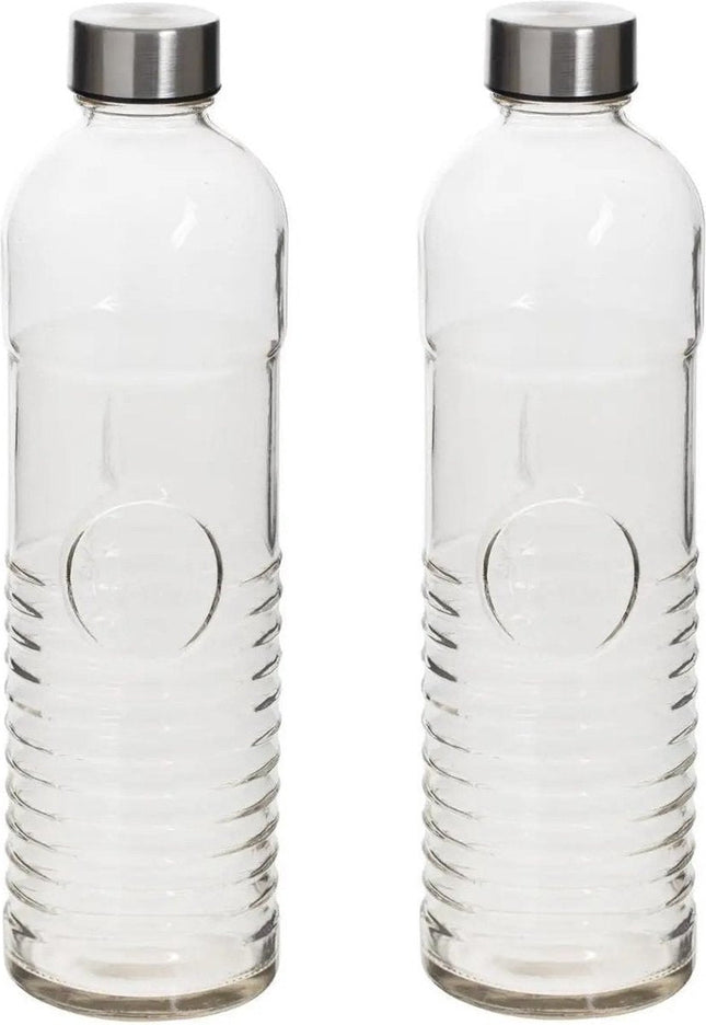 Bouteilles d'eau/gourdes - 2x - D8 x H29 cm - 1 litre - verre nervuré
