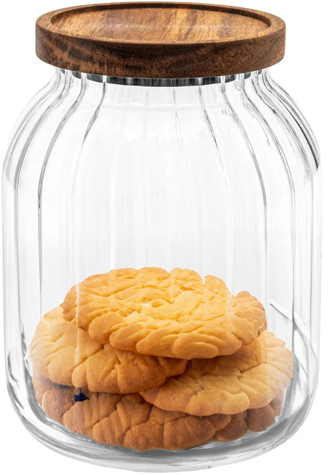 5Five pot de stockage Bois d'acacia - verre - 2L - 13 x 18 cm - bocaux de cuisine - Aliments/bonbons/biscuits