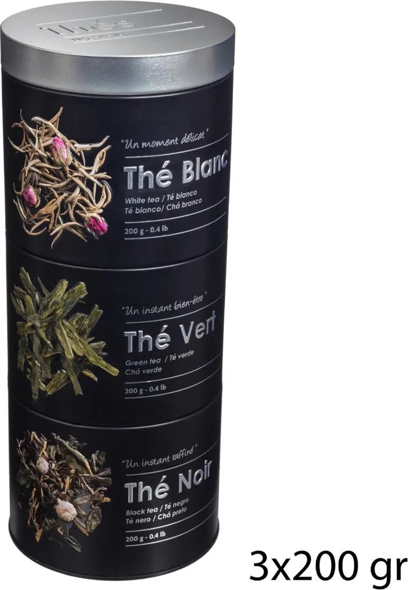 5Five Tea Box 3 compartments - click-system - black - 11 x 26 cm - for loose tea - metal - 3 x 200 grams