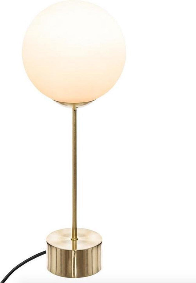 Lampe de table design dorée avec globe en verre blanc hauteur 43cm