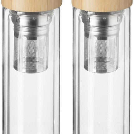 Bouteille à thé Secret de Gourmet - 2x - double paroi - verre/bambou - 40 cl - bouteille infuseur/théière