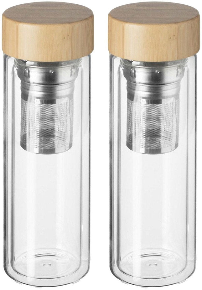 Bouteille à thé Secret de Gourmet - 2x - double paroi - verre/bambou - 40 cl - bouteille infuseur/théière