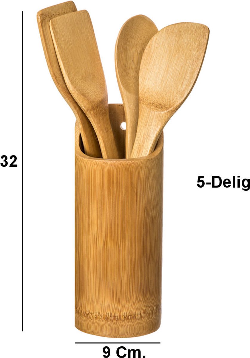 Keukengerei houder Set - 5 Delige keukengerei Set - Organizer rond - Spatel set + Houder- Bamboe Hout