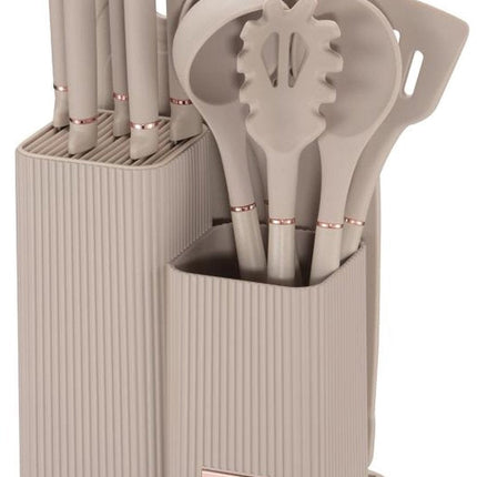 Klausberg Set de Cuisine 15 pièces - Bloc de Couteaux avec 5 Couteaux, 5 Ustensiles de Cuisine en Silicone et Planche à Découper - Beige