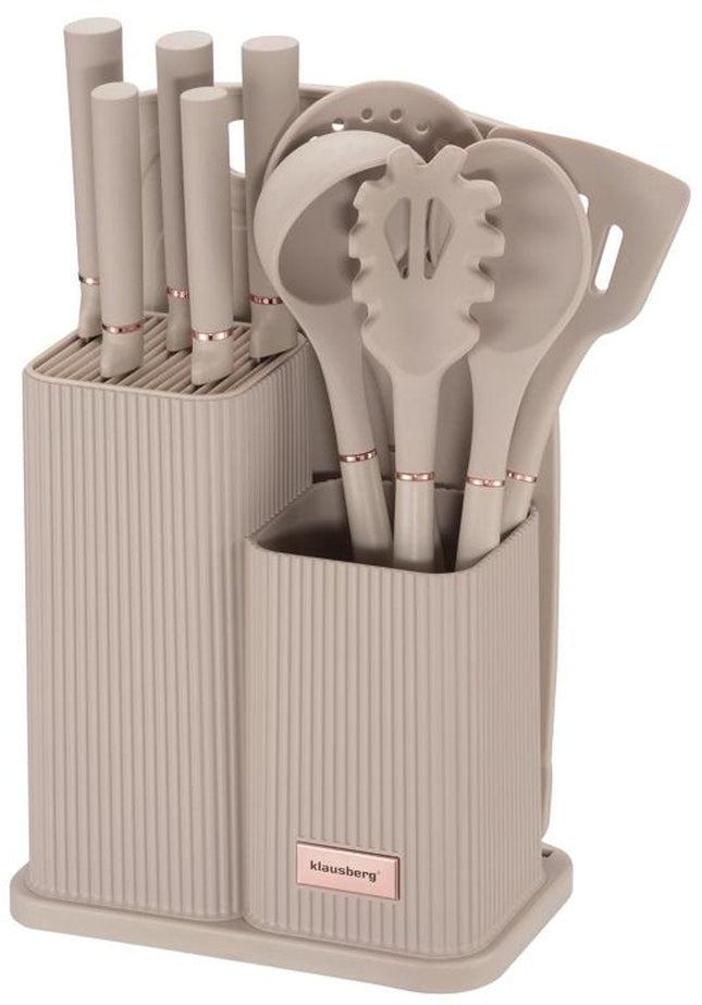 Klausberg Set de Cuisine 15 pièces - Bloc de Couteaux avec 5 Couteaux, 5 Ustensiles de Cuisine en Silicone et Planche à Découper - Beige