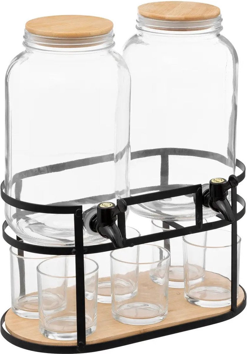 5Five Getränkespender – 2er-Set – 3,3L – Glas – auf Ständer mit 6 Gläsern