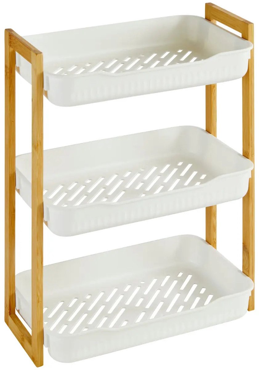 5Five Badkamer douche rekje - 3 laags - recht model - wit - kunststof/bamboe - 35 x 20 x 45 cm