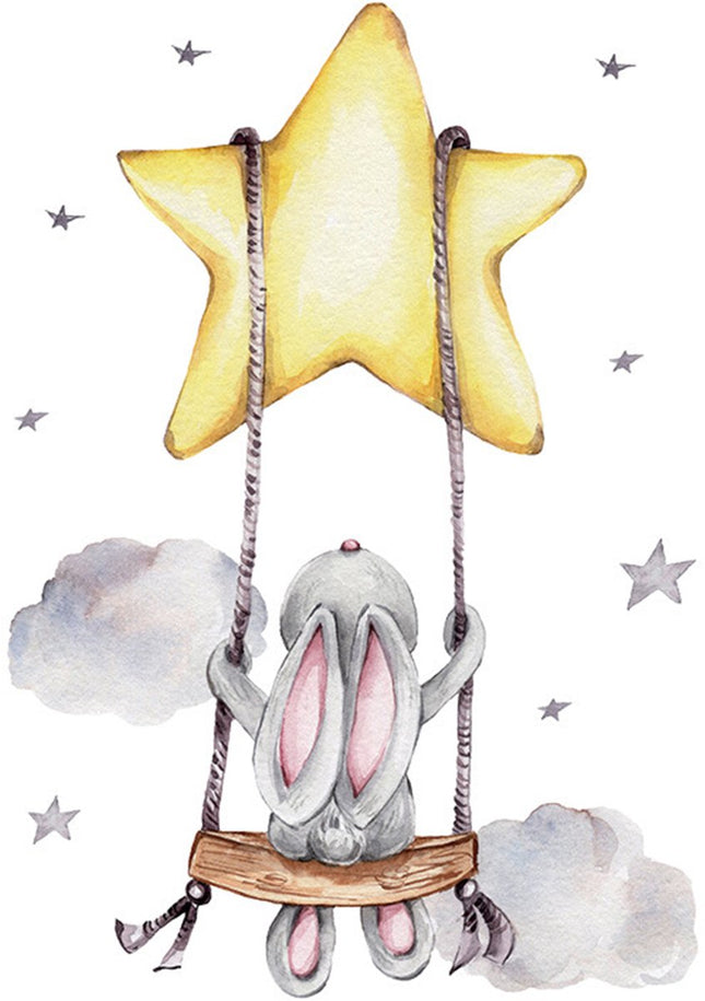 SIPO Sticker mural - Lapin sur balançoire - 70x49 cm - Décoration murale autocollante pour chambre d'enfant - Chambre de bébé - Sticker -