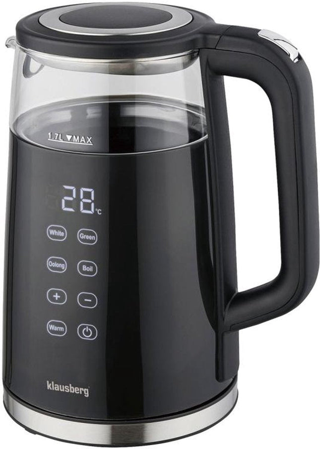 Klausberg KB-7894 Bouilloire Électrique – 1,7 Litre, Verre Noir, Panneau de Commande LED, 13 Niveaux de Température, Fonction Maintien au Chaud