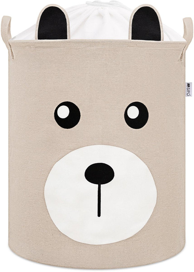 Panier de rangement beige avec visage d'ours en peluche - Boîte de rangement en coton - Panier à linge pour enfants avec cordon de serrage - 43 litres - 35x35x45 cm - Panier à jouets - Sipo