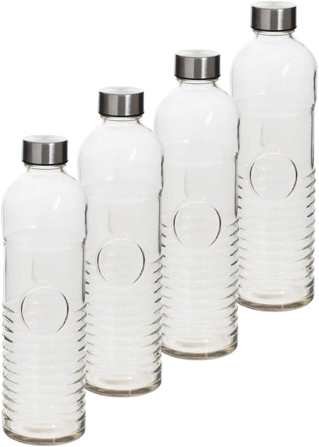 5Five Gourde - 4x -1 litre - verre trempé côtelé - D8 x H29 cm - bouteille d'eau - Bouteilles en verre