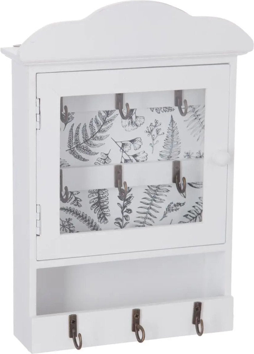 Schlüsselkasten / Schlüsselhalter aus MDF und Glas weiß 20 x 5,7 x 28,5 cm - Geeignet für 9 Schlüssel / Schlüsselbunde