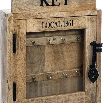 Sleutelkastje/sleutelhouder mangohout/glas naturel 30,3 x 8,7 x 39,5 cm - Geschikt voor 10 sleutels/sleutelbossen
