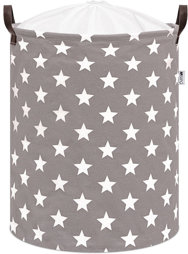 Panier de rangement de jouets gris avec étoiles - Panier à linge en coton pour enfants - Boîte de rangement avec cordon de serrage - 43 Litres - 35x35x45 cm - Panier à linge - Sipo