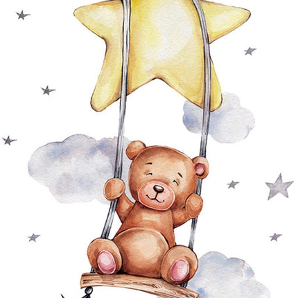 Sipo Sticker mural Ours sur balançoire - Décoration murale adhésive pour chambre d'enfant - 74x54 cm - Adorable sticker mural Ours pour chambre de bébé et salle de jeux pour tout-petits