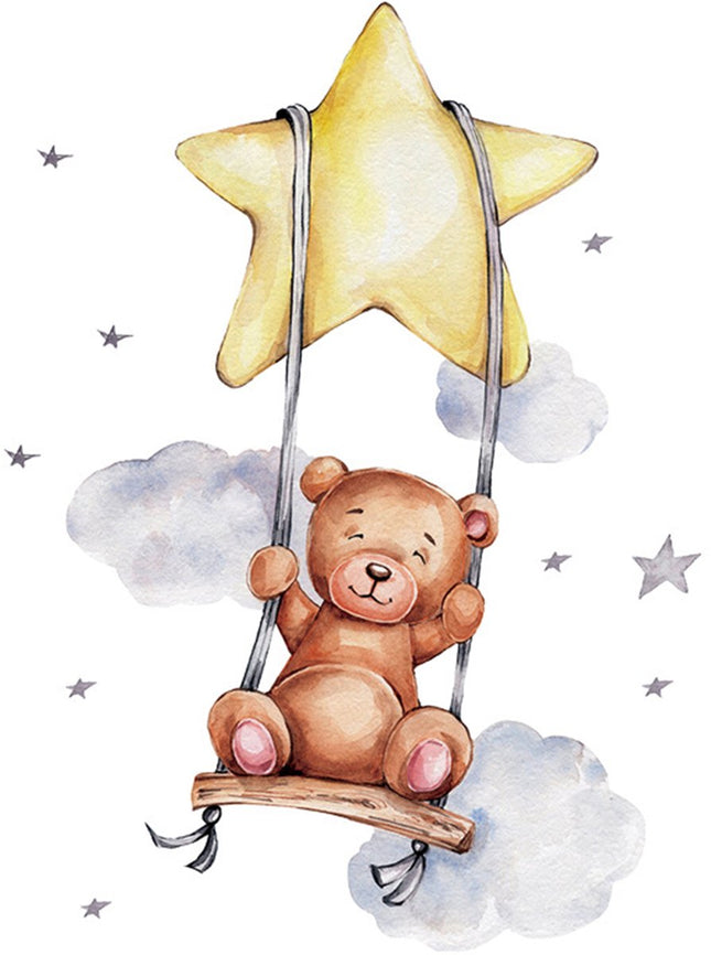 Sipo Sticker mural Ours sur balançoire - Décoration murale adhésive pour chambre d'enfant - 74x54 cm - Adorable sticker mural Ours pour chambre de bébé et salle de jeux pour tout-petits