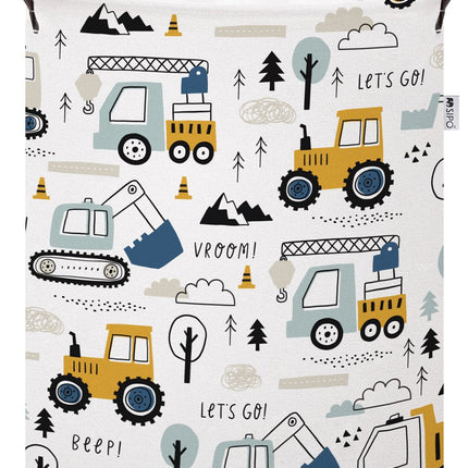 Panier de rangement pour jouets Pelle - Boîte de rangement en coton avec cordon de serrage - Imprimé Véhicules de construction - 43 Litres - 35x35x45 cm - Sipo - Panier à linge - Panier de rangement - Dépanneuse