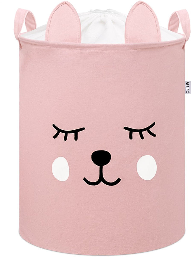 Panier de Rangement Rose avec Visage d'Ours en Peluche - Boîte de Rangement en Coton avec Cordon de Serrage - Panier à Linge Enfant - 43 Litres - 35x35x45 cm - Sipo - Panier à Jouets