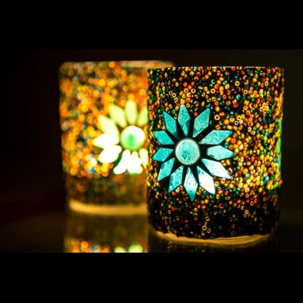 Bougeoir cylindrique méditerranéen 2 pièces - mosaïque et perles - multicolore