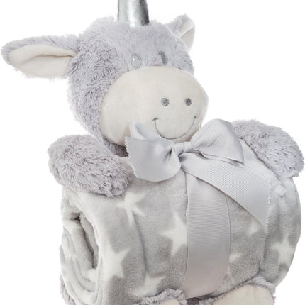 Atmosphera Licorne en peluche avec couverture grise - Cadeau de naissance - Plaid - Doudou - Bébé - Extra doux
