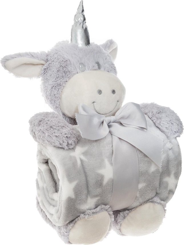 Atmosphera Licorne en peluche avec couverture grise - Cadeau de naissance - Plaid - Doudou - Bébé - Extra doux