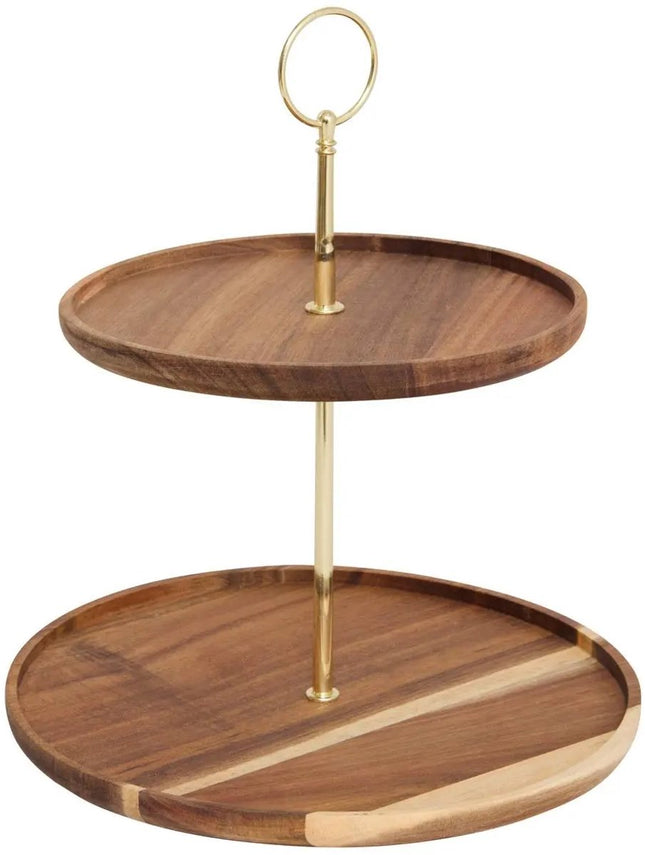 Mina Gold Présentoir de Service - Étagère à 2 Niveaux en Bois d'Acacia et Métal Doré - Ø 25 cm - Idéal pour les Amuse-bouches et les Cupcakes - Étagère