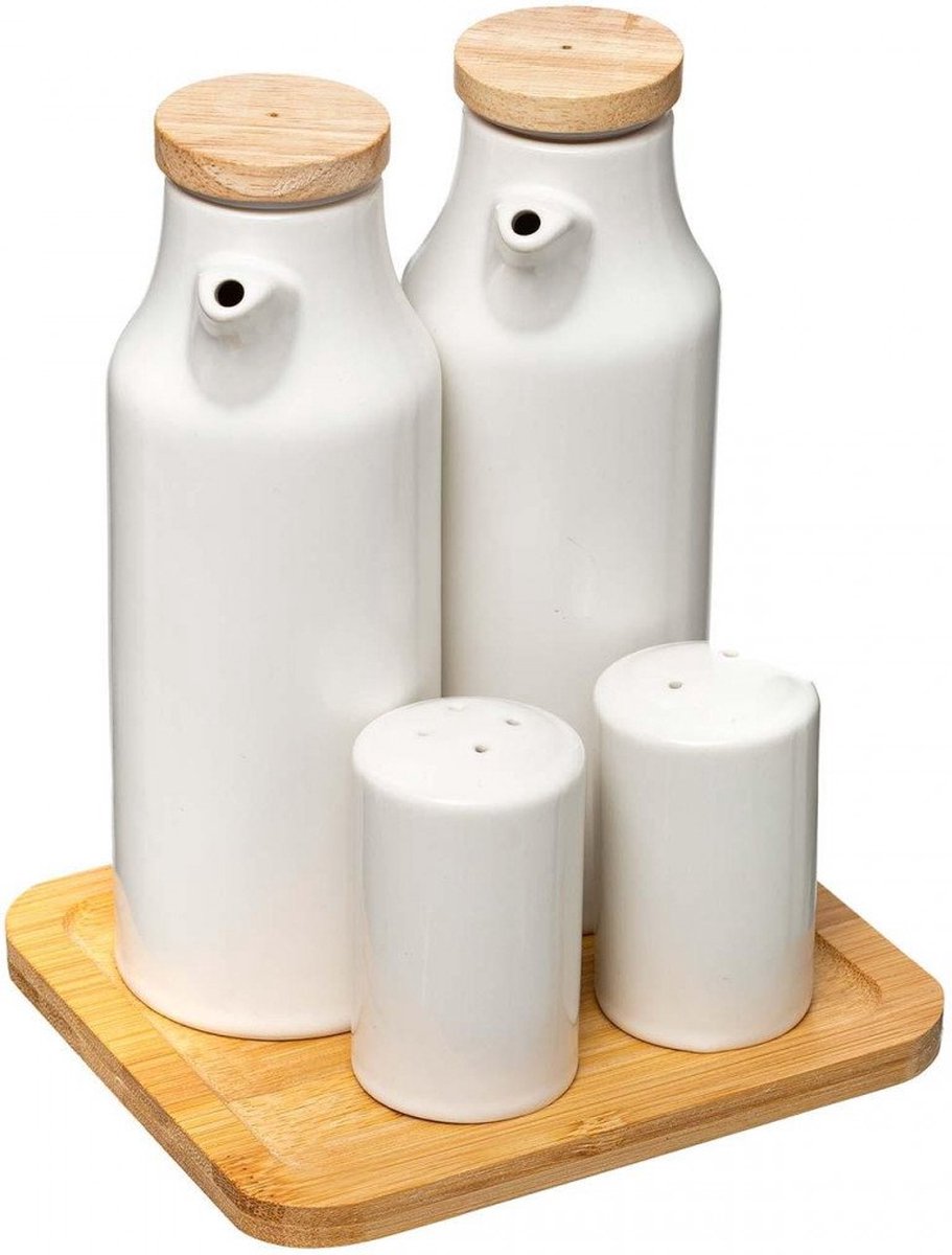 Ceramic oil / vinegar cruet + salt and pepper shakers