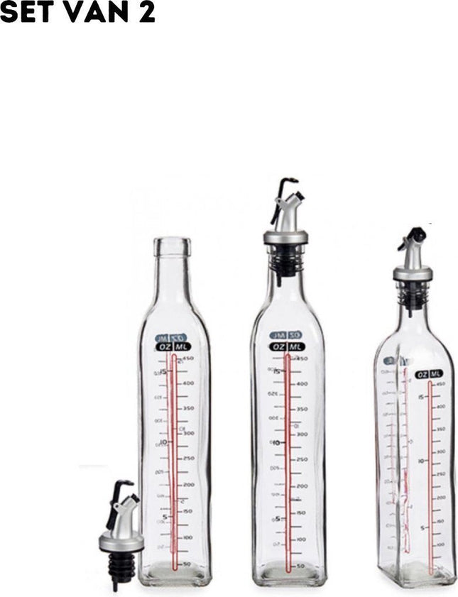 Oliekan - Oliefles - Set van 2 - Oliespuit - Karaf - Oliekannetje - Navulbaar - Met schenktuit - Oliedispenser - Olie en azijnsetje - Glas