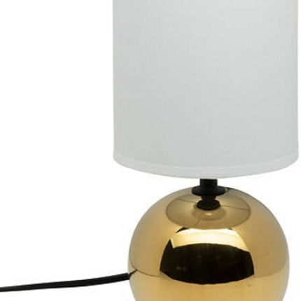 Lampe à poser boule en céramique blanche et dorée | Veilleuse E14 | Abat-jour en tissu | Ø13 x H25 cm | Lampe de bureau | Lampe Boule en Céramique